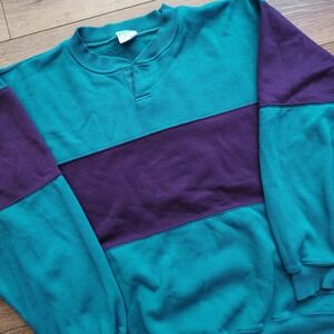 Vtg 90s Cheetah Mervyns Colorblock Sweatshirt Teal Blue Purple Pullover Large